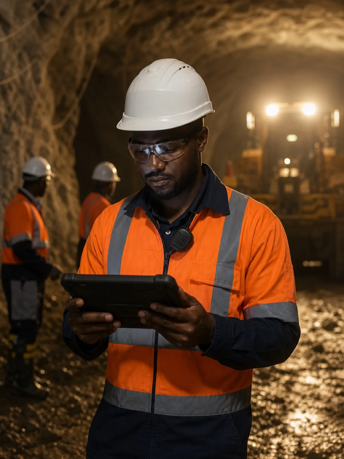 Mining engineer reviewing a rugged tablet in an underground tunnel
